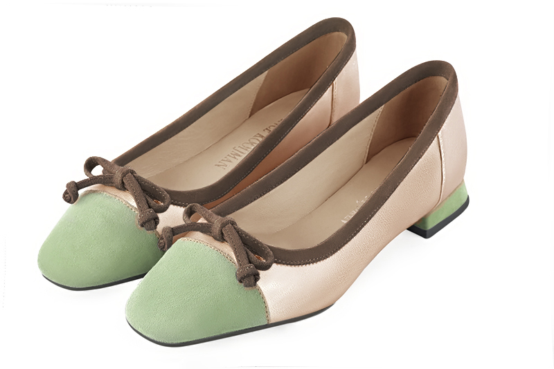Mint green, gold and chocolate brown women's ballet pumps, with low heels. Square toe. Flat flare heels. Front view - Florence KOOIJMAN